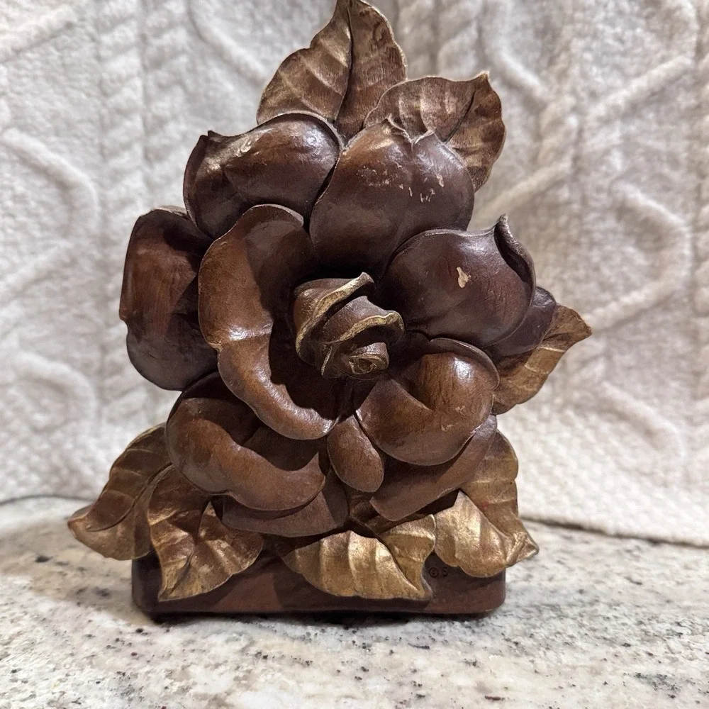 Vintage Syroco Wood Style Floral Figural Wild Rose Bookend Decor Flower Gold MCM
